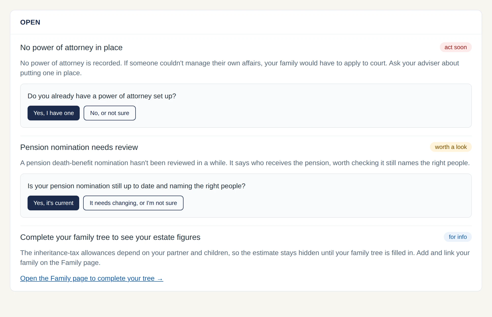 The Hub's alerts view listing what the companion has flagged, including no power of attorney in place, marked act soon.