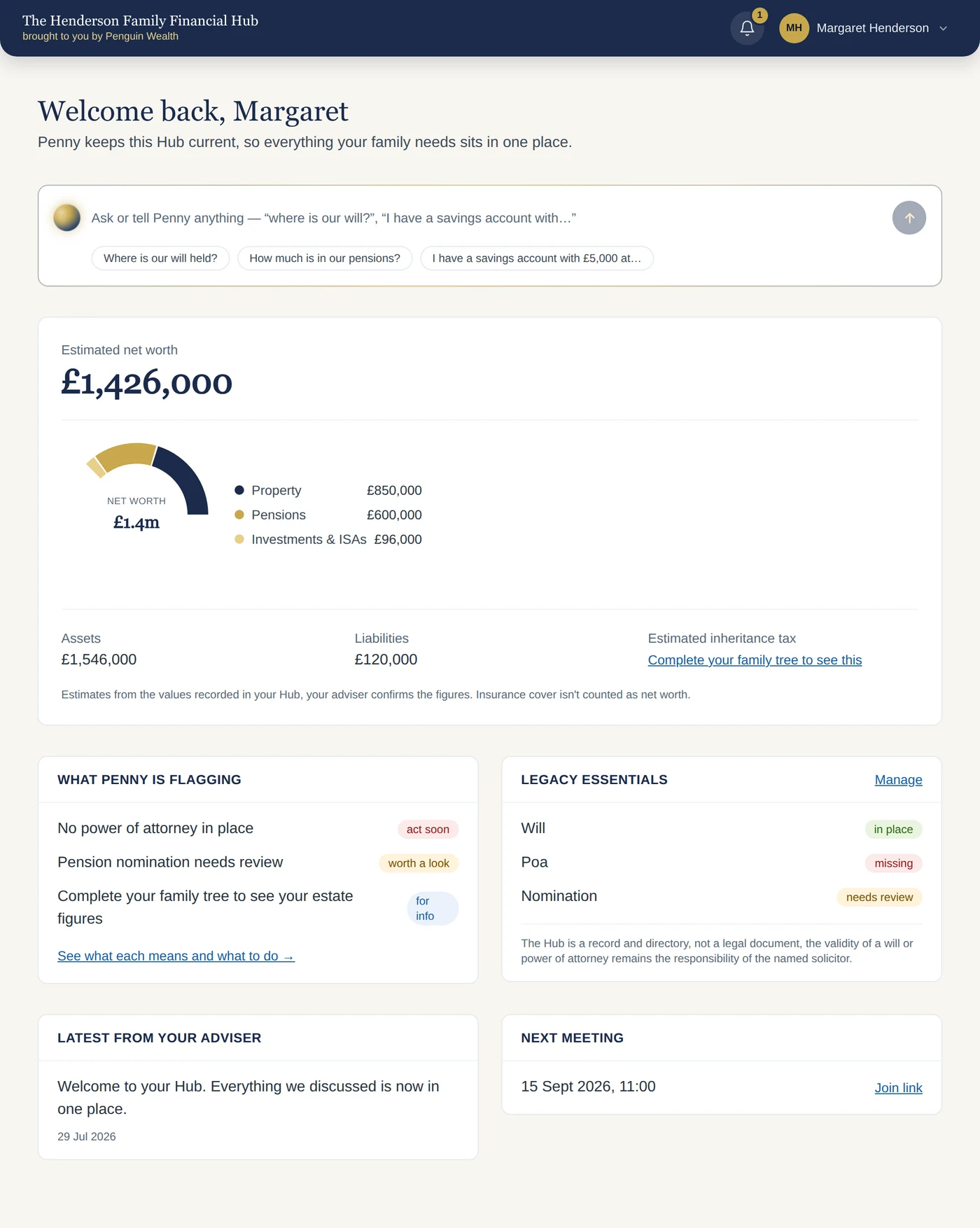 A family Hub showing estimated net worth broken down by property, pensions and investments, alongside panels for what the companion is flagging, legacy essentials, the latest adviser message and the next meeting.