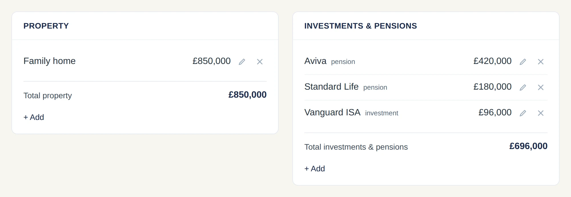 The Money and Records view listing property, mortgage, pensions, ISAs and protection policies with their providers and current values.